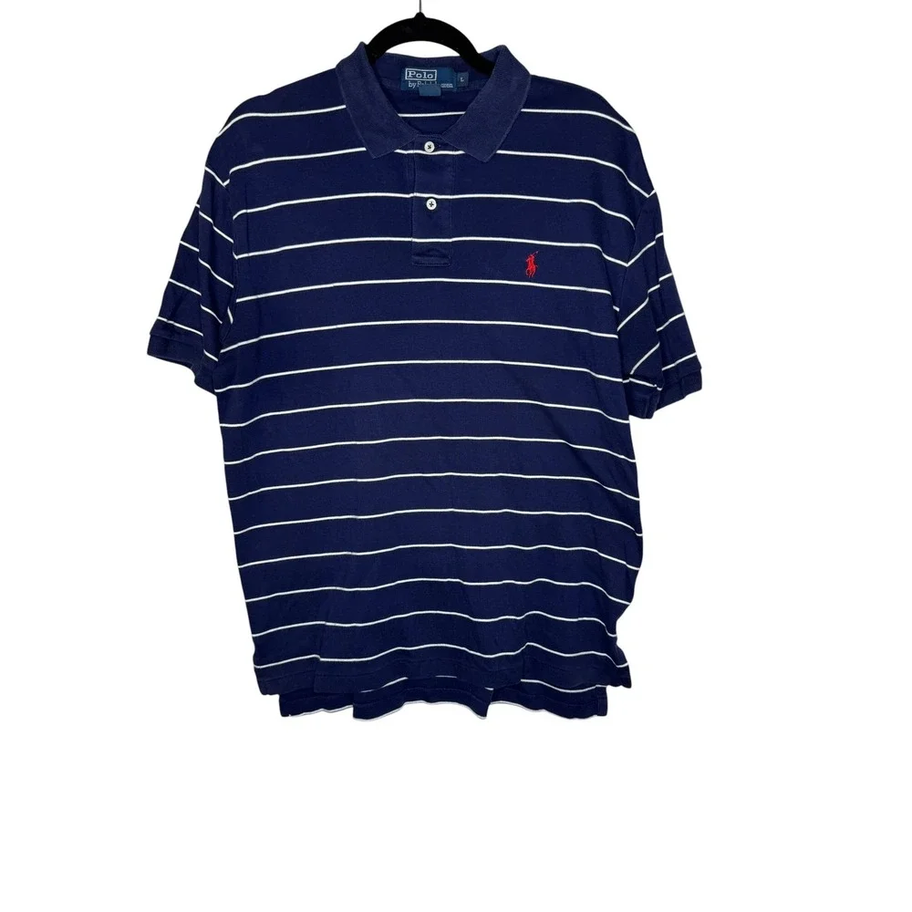 Polo Ralph Lauren Mens Large Navy Blue White Striped‎ Short Sleeve Polo Shirt